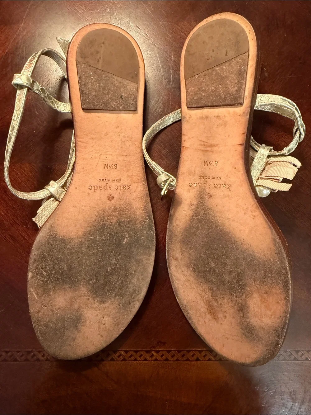 Kate Spade NY Pearl-Cluster Metallic Gold T-Strap Sandals 8.5